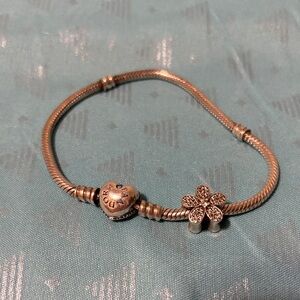 Pandora  Bracelet with Heart and diamond Flower Charms